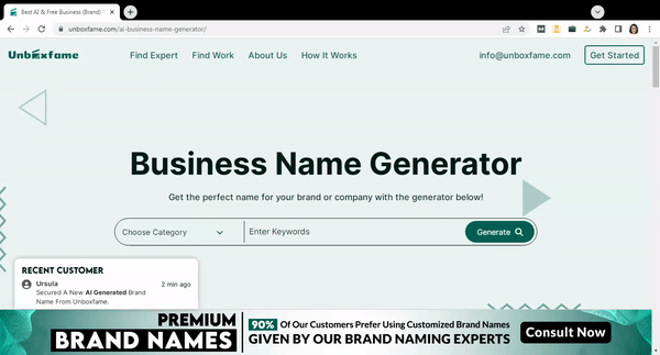 Unboxfame business name generatot gif